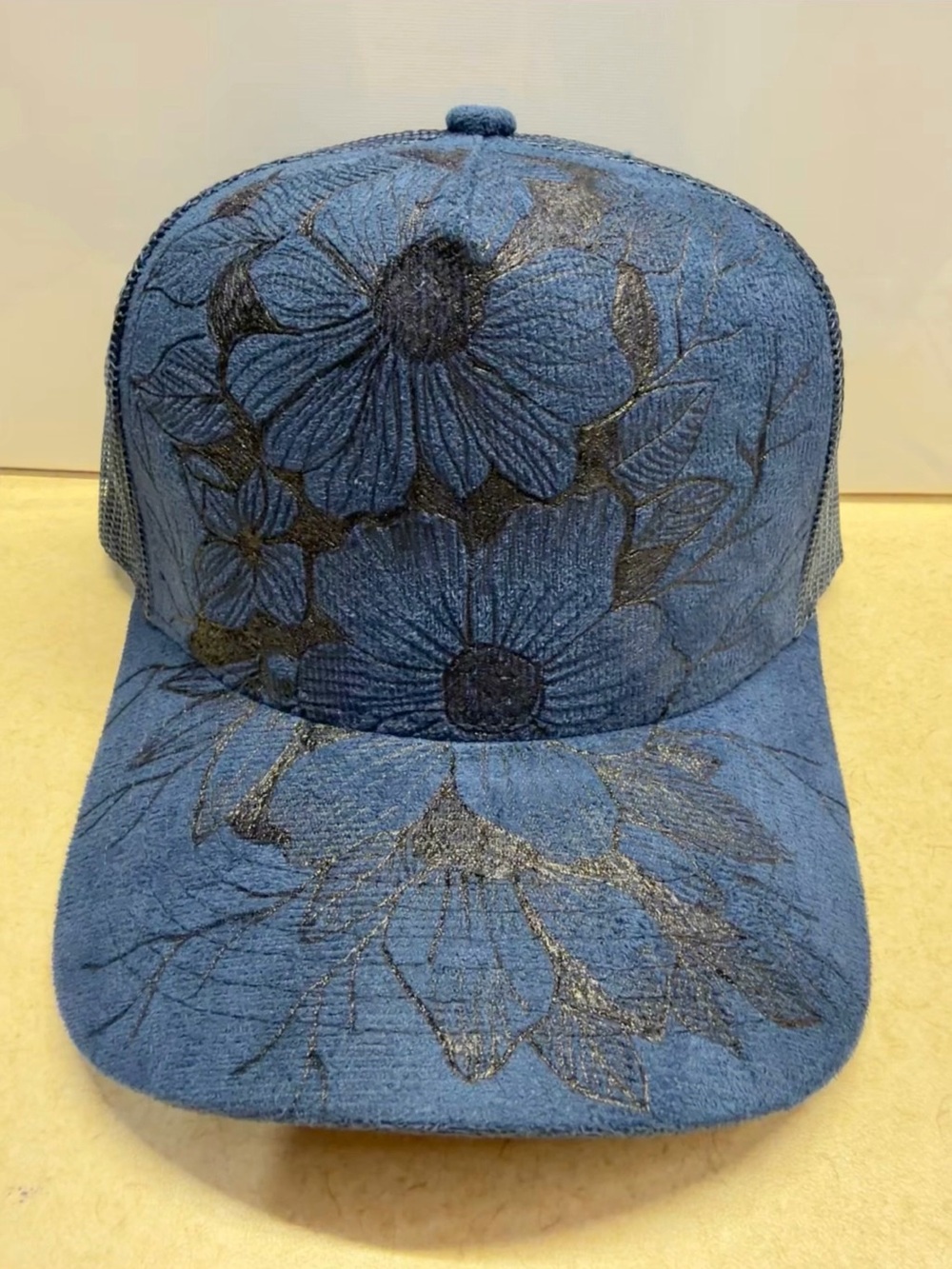 Blue Floral Embroidered Trucker Cap